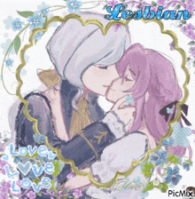 a drawing of a couple kissing with the words lesbian written on it