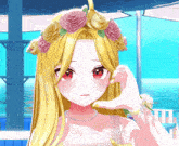 a girl with long blonde hair and a wreath of flowers on her head