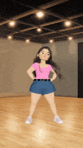 a cartoon girl in a pink shirt and blue shorts is standing on a dance floor