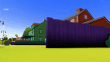 a cartoon drawing of a house with a purple fence behind it
