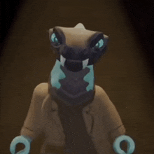 a snake with a long neck and sharp teeth is wearing a brown jacket and blue gloves