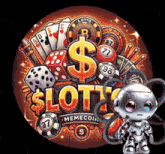 a robot is standing in front of a sign that says slots memecoin