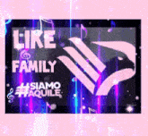 a sign that says like family surrounded by musical notes