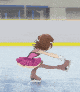 a girl in a pink dress is skating on an ice rink