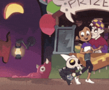 a couple of cartoon characters are standing in front of a prize booth