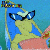 a cartoon of a turtle reading a book with super mario world written on the bottom