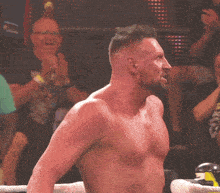 a shirtless wrestler stands in a ring with a crowd watching