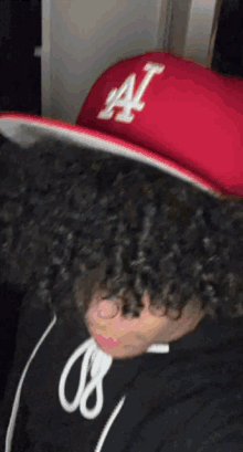 a person with curly hair wearing a la hat