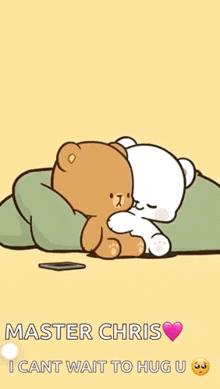 a cartoon of two bears hugging each other with the words `` master chris i cant wait to hug u '' .