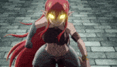 a woman with red hair and glowing eyes stands on a brick floor