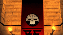 a red banner with a skull on it and a chinese symbol