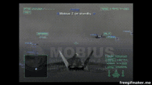 a video game screen shows a fighter jet and the words mobius