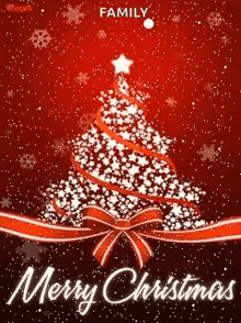 a merry christmas card with a christmas tree made of stars and a red ribbon .