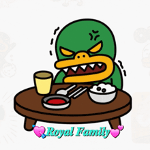 a cartoon duck sits at a table with a bowl of rice and a cup of coffee