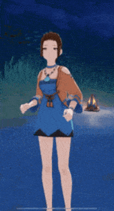 a woman in a blue dress is standing in a video game