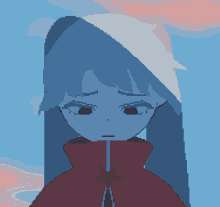 a pixel art of a girl with blue hair and a red cape with a star on it