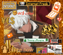 a collage of images with the words i like the internet devil now and money hungry