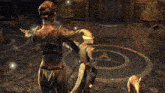 a video game shows a man and a woman in armor