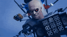 a man with red eyes is surrounded by speakers and other items