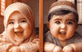 a baby wearing a hijab and a baby wearing a hat are sitting next to each other and smiling .