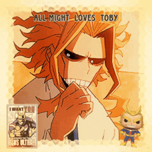 a poster of all might from my hero academia and a funko pop of him