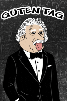 a cartoon of albert einstein sticking his tongue out with the words guten tag written above him