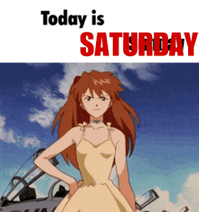 a girl in a yellow dress is standing in front of a blue sky and the words today is saturday