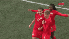 a group of female soccer players are celebrating a goal on the field .