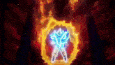 a cartoon character is surrounded by a circle of fire and glowing light .
