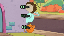 three cartoon characters are looking through binoculars in front of a purple building