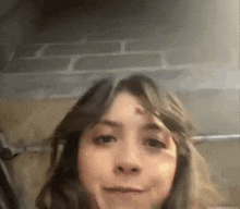 a close up of a woman 's face with a brick wall behind her .