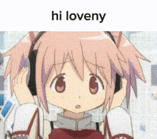 a cartoon girl with headphones on her ears and the words `` hi loveny '' written above her .