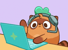 a cartoon of a raccoon wearing headphones and looking at a laptop computer