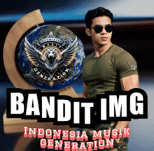 a man wearing sunglasses is standing in front of a globe with indonesia music generation written on it