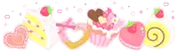 a row of pink and yellow cakes with strawberries on them on a white background