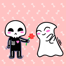a skeleton is giving a flower to a ghost on a pink background