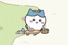a cartoon cat with a blue headband is eating sushi