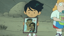 a cartoon character holding a picture of a man and a woman