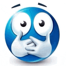 a blue smiley face with big eyes is covering his mouth with his hands .