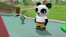 a panda bear is standing next to a green frog