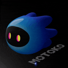 a blue object with pink eyes and the word ibm written on the ground