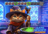 a cat in a wizard costume is holding a wand in front of a slot machine called el gato magico