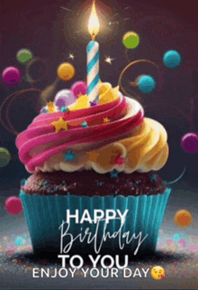 a birthday card with a cupcake with a lit candle on top .
