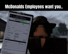 a man holding a clipboard with a mcdonalds application on it