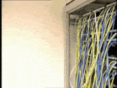 a bunch of wires are hanging from a rack with one that says ' eee ' on it