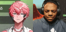 a man wearing headphones and a girl with pink hair are standing next to each other .
