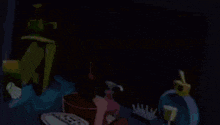 a cartoon character with yellow eyes is sitting on a table with a bunch of soap bottles .