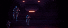 a group of futuristic soldiers are standing in a room with a sign that says ' a '