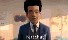 a man in a suit and tie is standing in a room with the words fartchat written on his face .