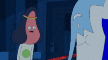 a cartoon drawing of a woman holding a red object that says ' spongebob '